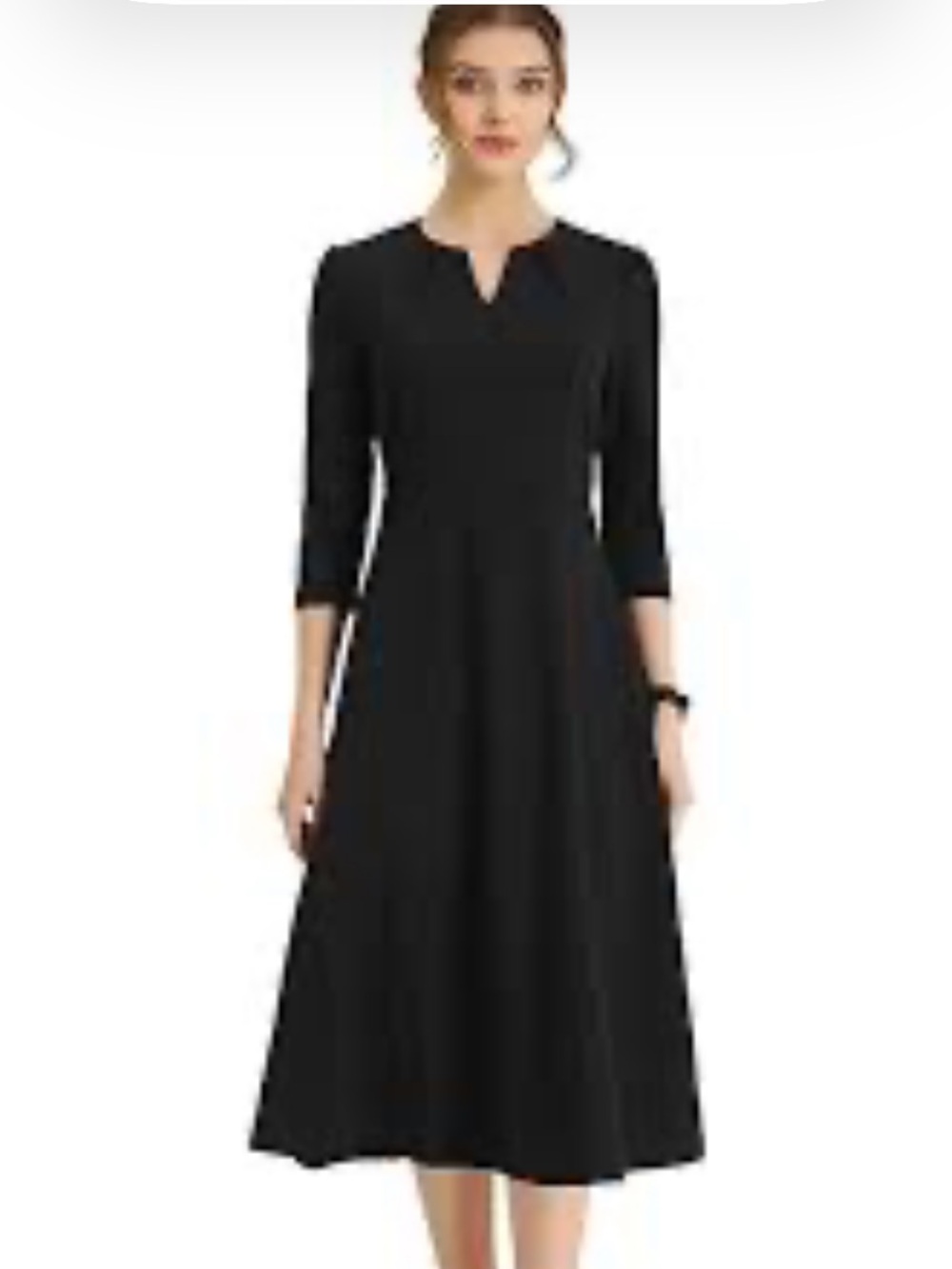 3/4 Sleeve Knee Length Notch V-neck Empire Waist Fit & Flare Elegant Swing Dress